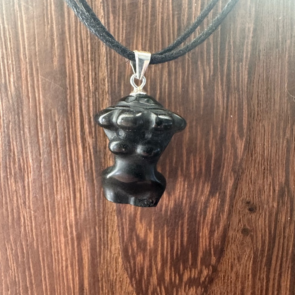 Black Obsidian Mushroom Body Carving Pendant Necklace on Rope